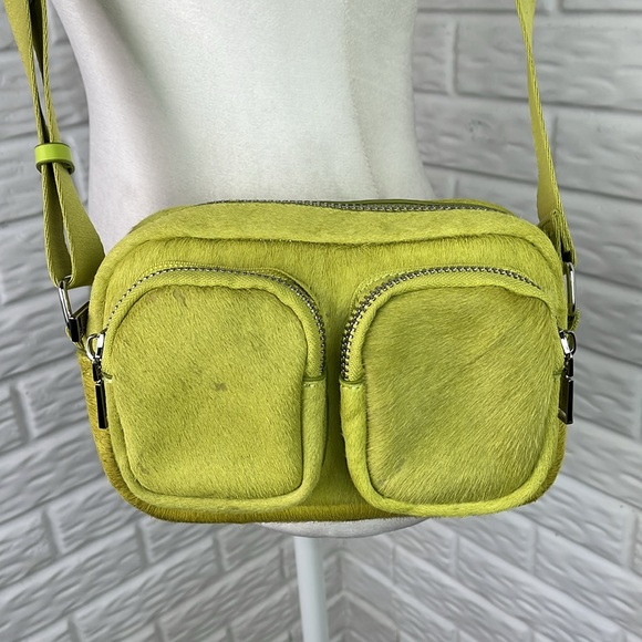 PARFOIS TEXTURED CROSSBODY BAG CHARTREUSE COWHIDE LEATHER HAIR MADE IN PORTUGAL - Picture 4 of 17